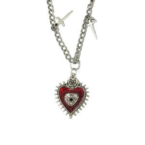 Goth Silvertone Red Enamel Heart and Dager Necklace 15" Length 2" ext